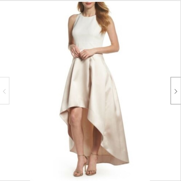 NEW ELIZA J Asymmetrical CHAMPAGNE Two Tone CREPE & MIKADO High Low DRESS GOWN 4 - Picture 7 of 13